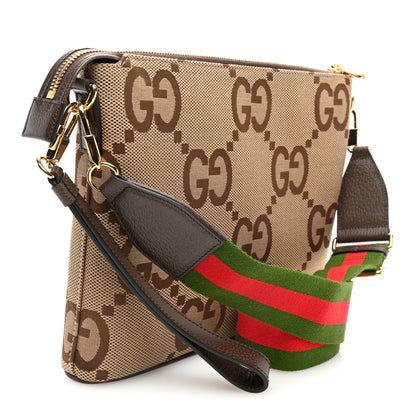 Gucci Monogram Jumbo GG Textured Dollar Calfskin Web Wristlet Messenger Bag Camel Ebony New Acero 3 of 9