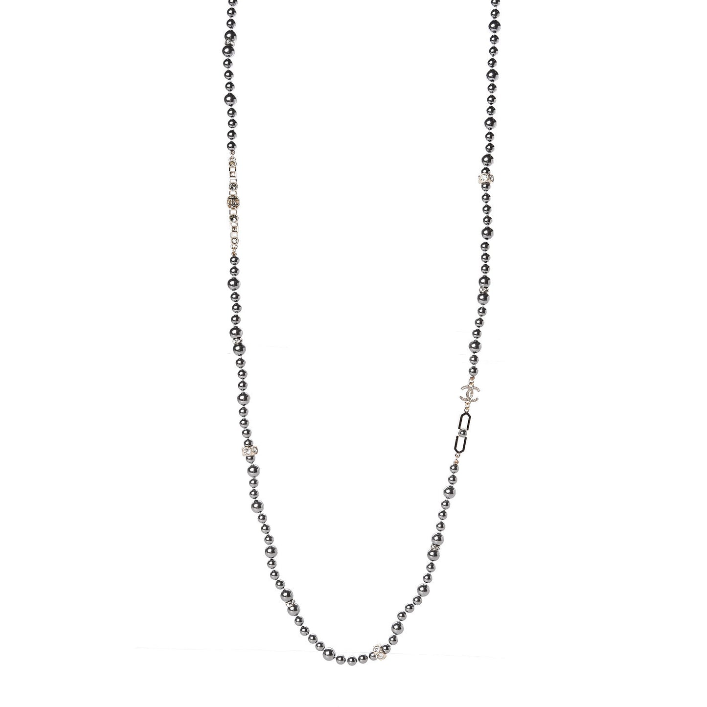 Pearl Crystal CC Long Necklace Grey Light Gold