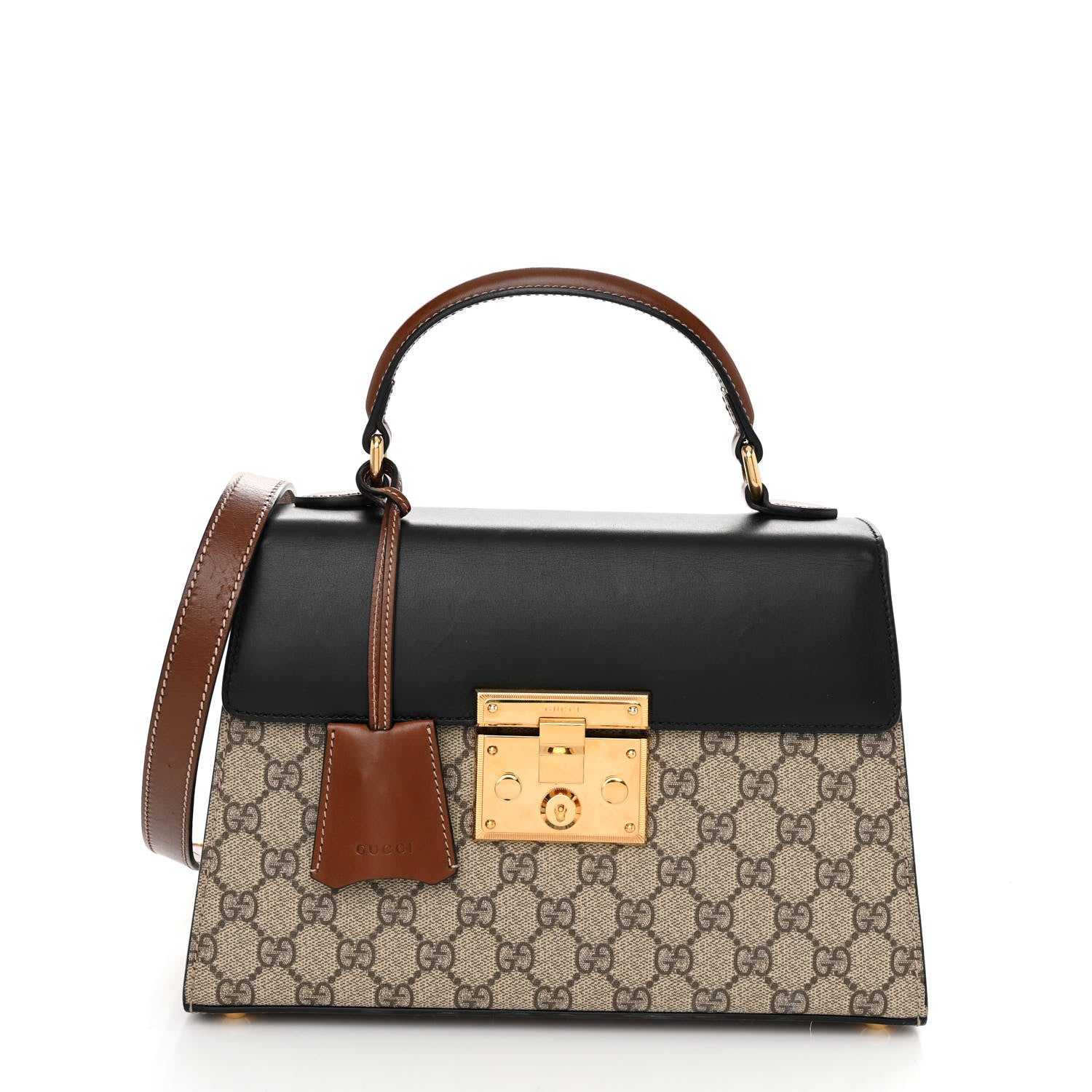 Gucci GG Supreme Monogram Calfskin Small Padlock Top Handle Bag Beige Black Cuir 1 of 11