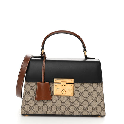 Gucci GG Supreme Monogram Calfskin Small Padlock Top Handle Bag Beige Black Cuir 1 of 11