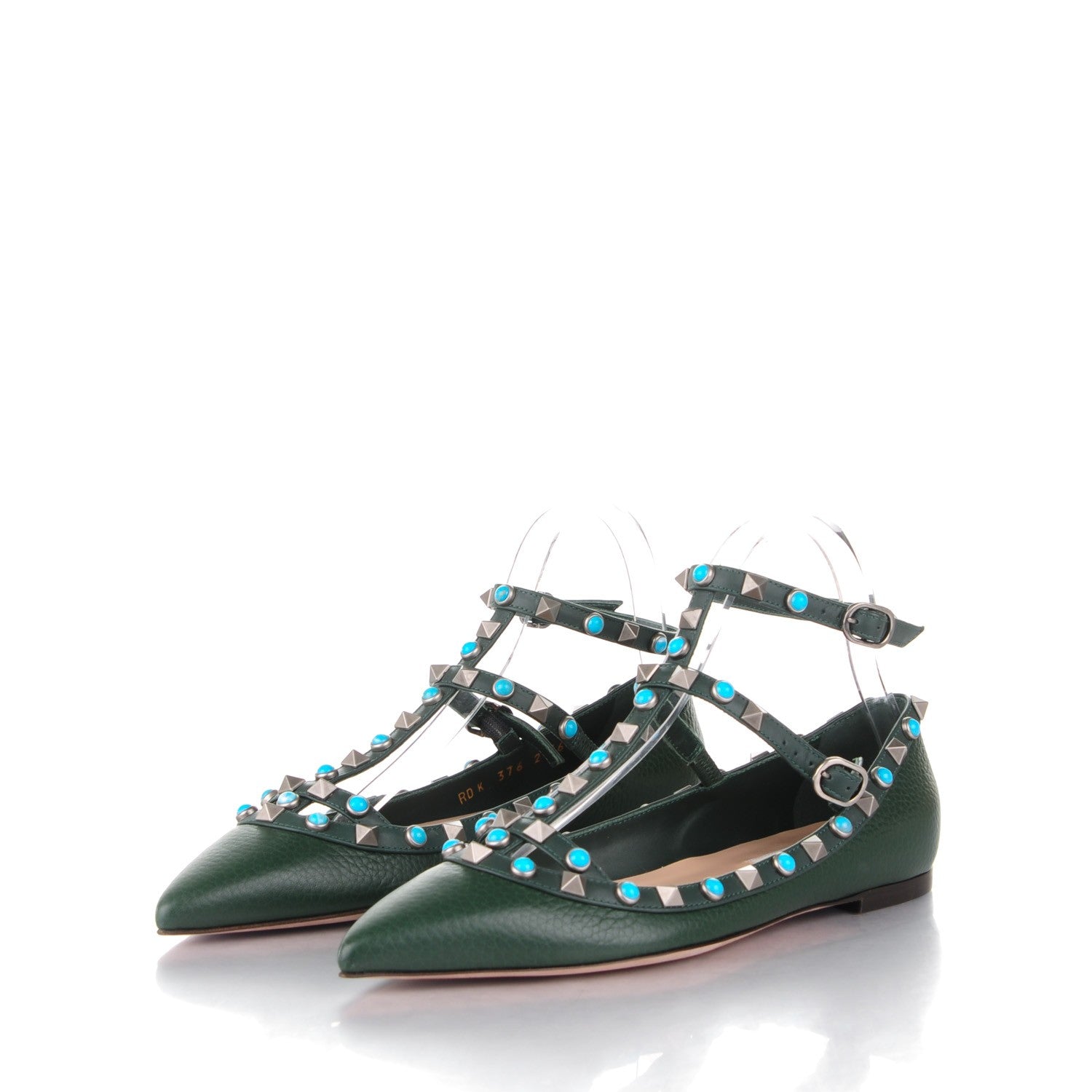 Valentino Garavani Pebbled Calfskin Rockstud Rolling Cage Ballerina Flats 36.5 Dark Green 3 of 7