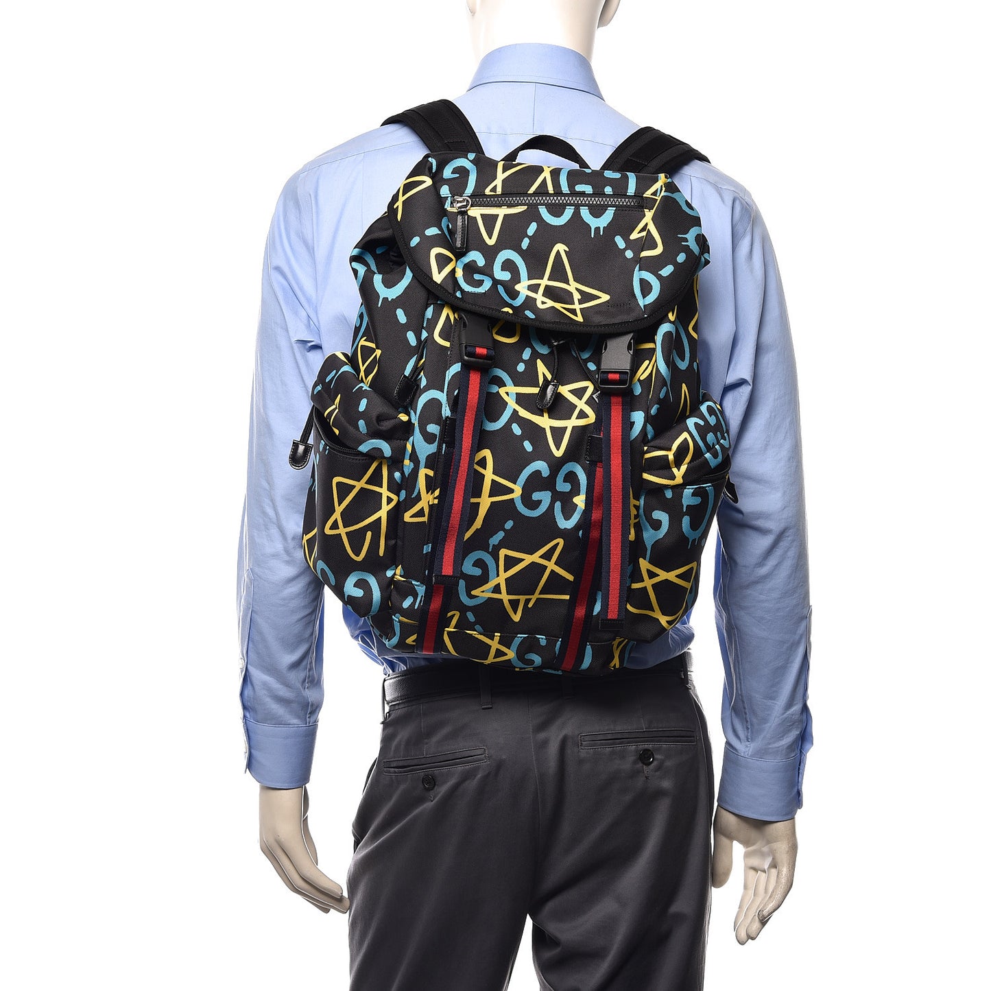 Techno Canvas GucciGhost Double Buckle Backpack Black New Acquamarine