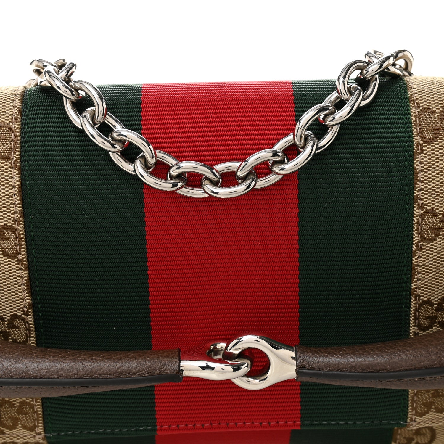 Gucci Monogram Textured Dollar Calfskin Heavy Grosgrain Web Medium Maxi Horsebit Chain Shoulder Bag Beige Ebony New Acero 7 of 9
