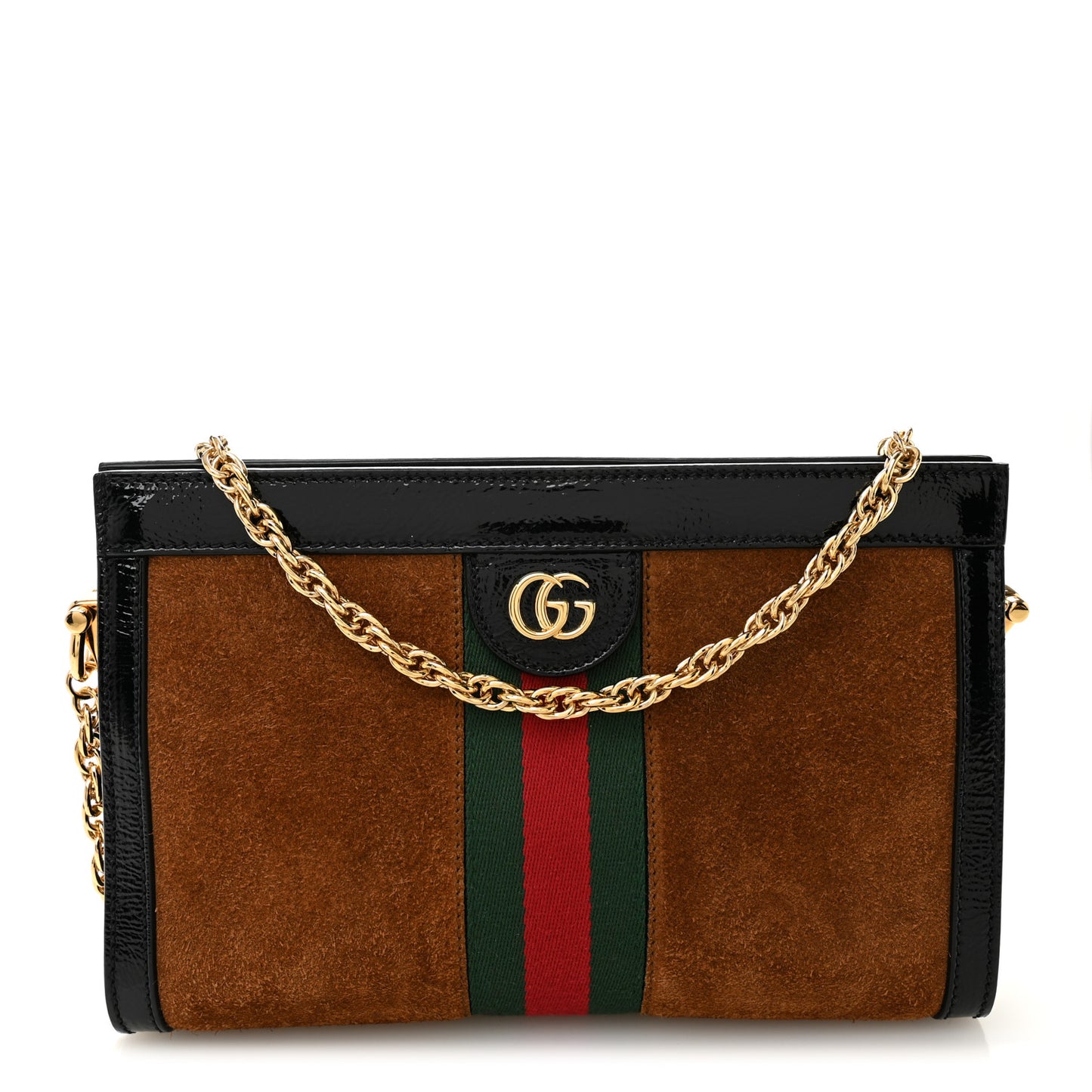 Suede Patent Web Small Ophidia Chain Shoulder Bag Nocciola Black