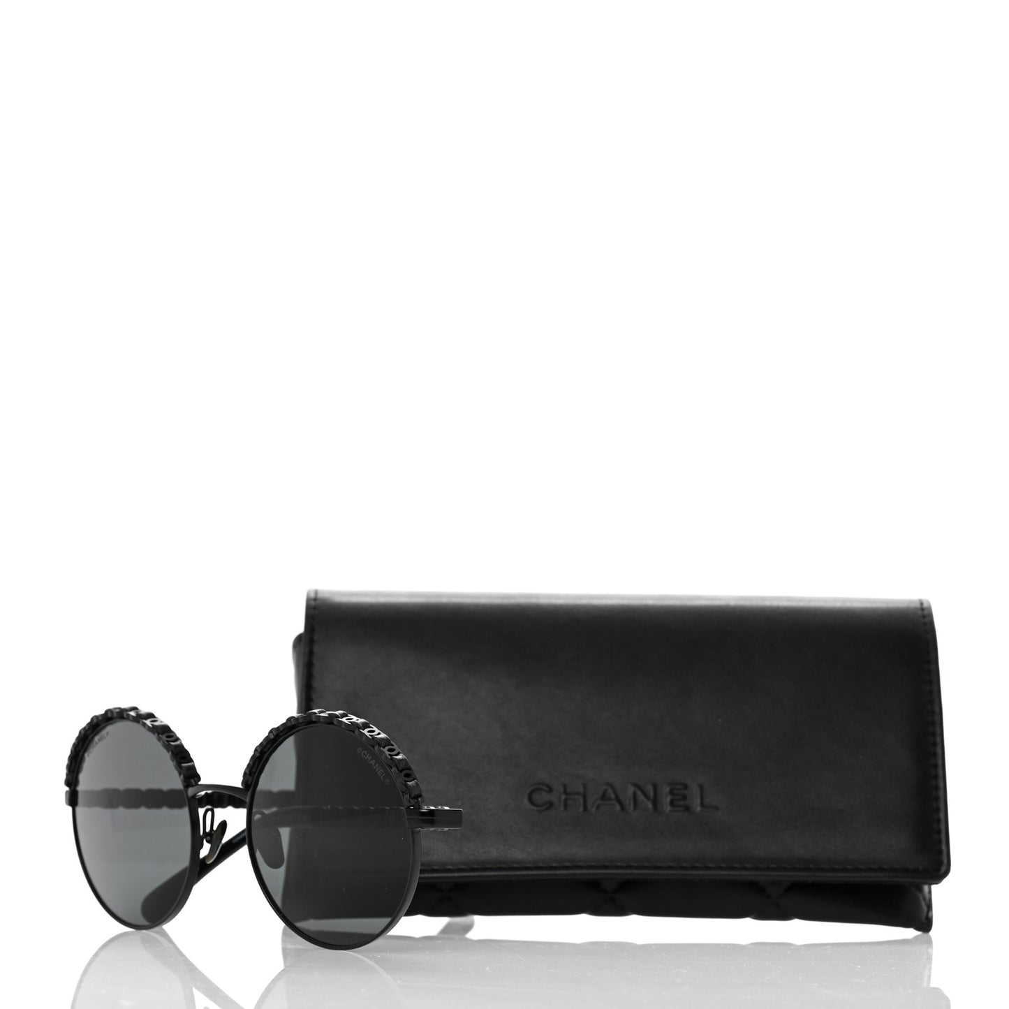 Metal Calfskin Round Chain Sunglasses 4265-Q Black