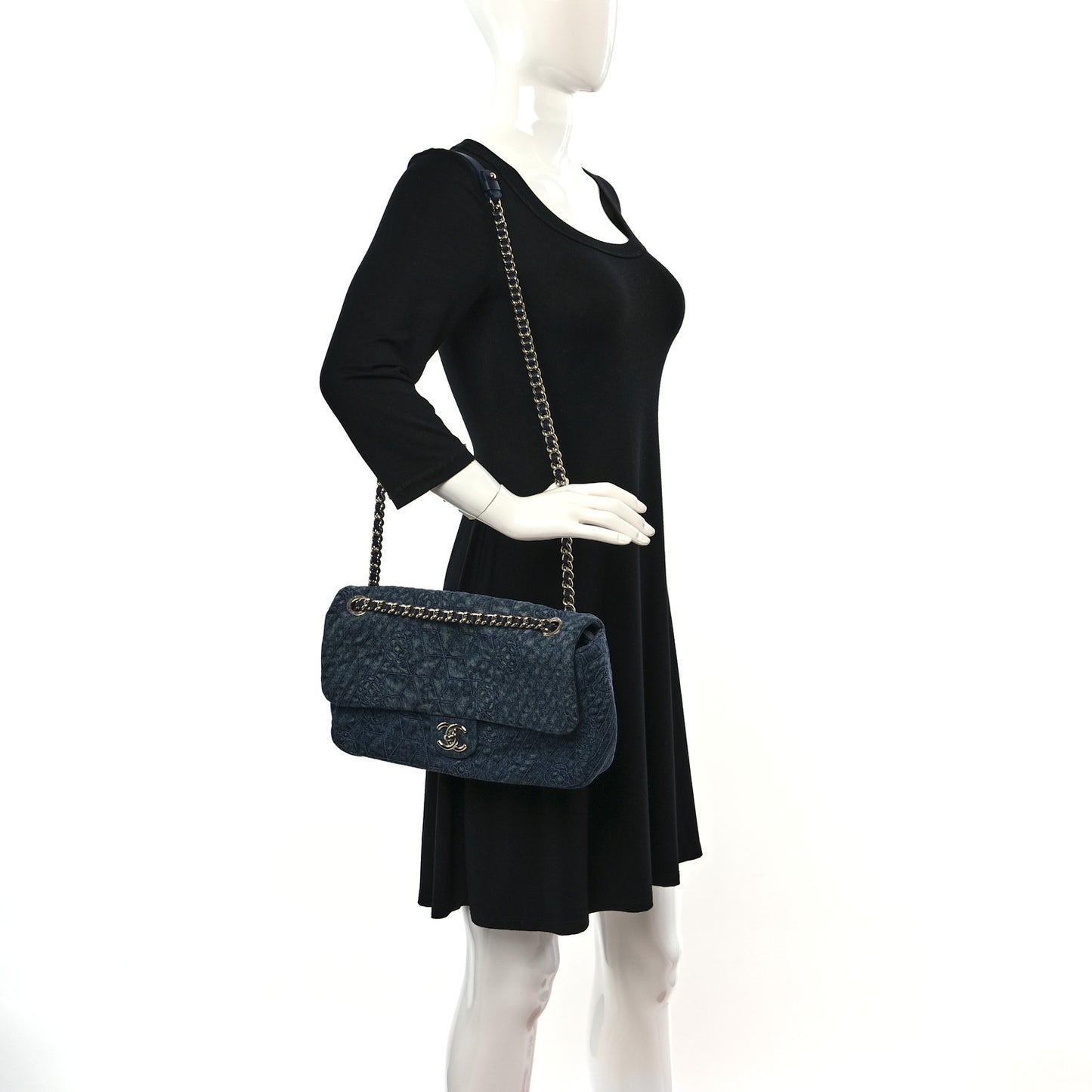 Denim Camellia Embroidered Large Flap Blue