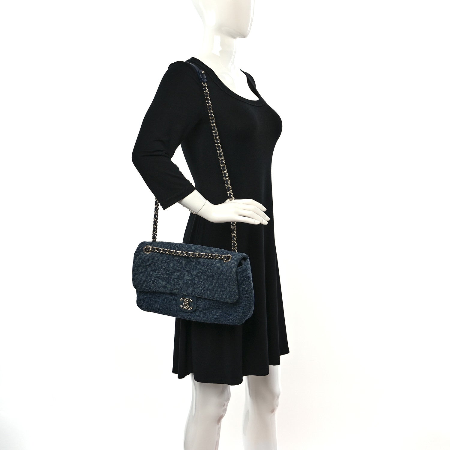 Chanel Denim Camellia Embroidered Large Flap Blue 2 of 9