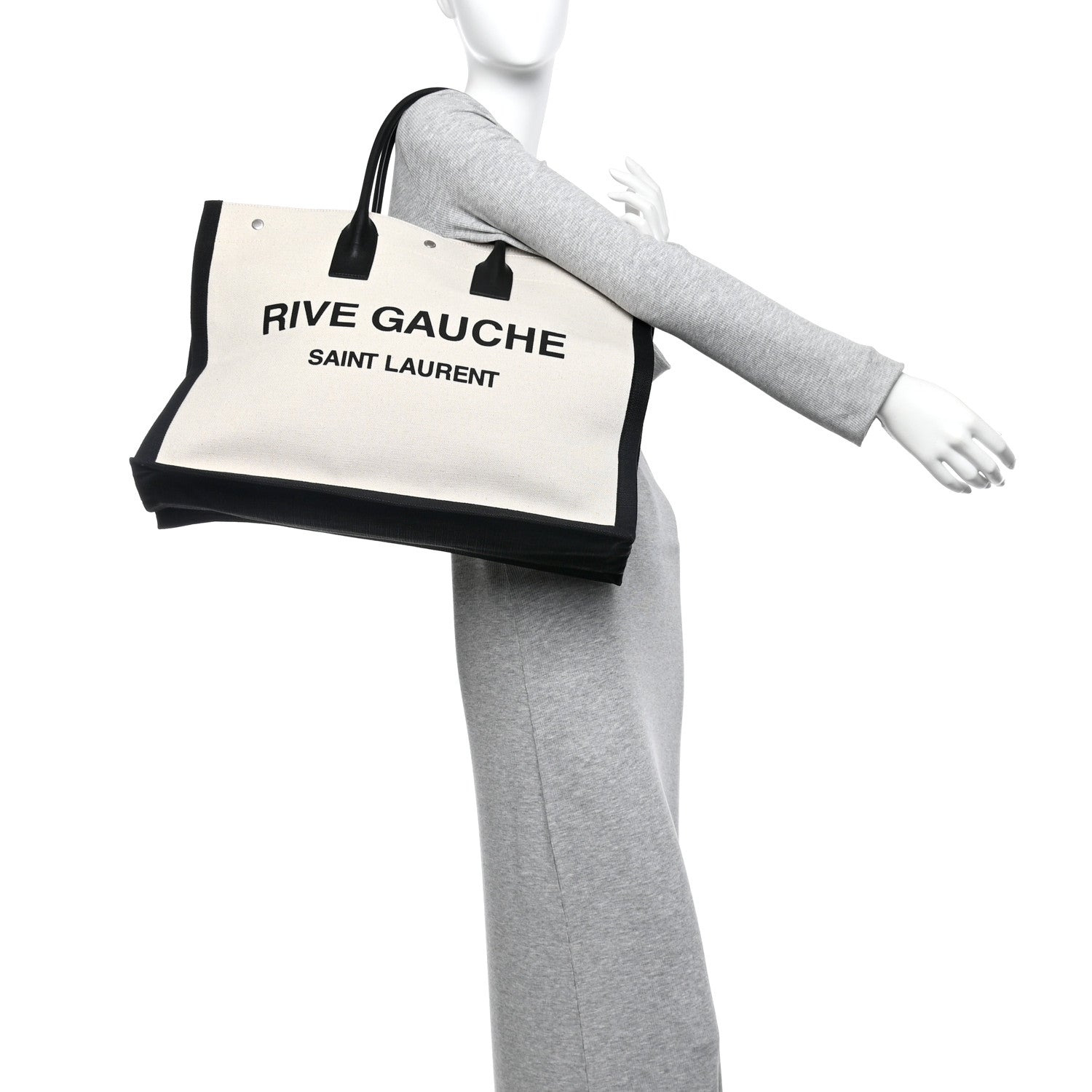 Saint Laurent Linen Calfskin Rive Gauche Tote White Black 2 of 10
