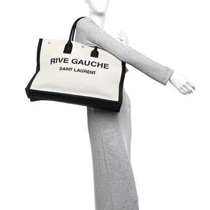 Saint Laurent Linen Calfskin Rive Gauche Tote White Black 2 of 10