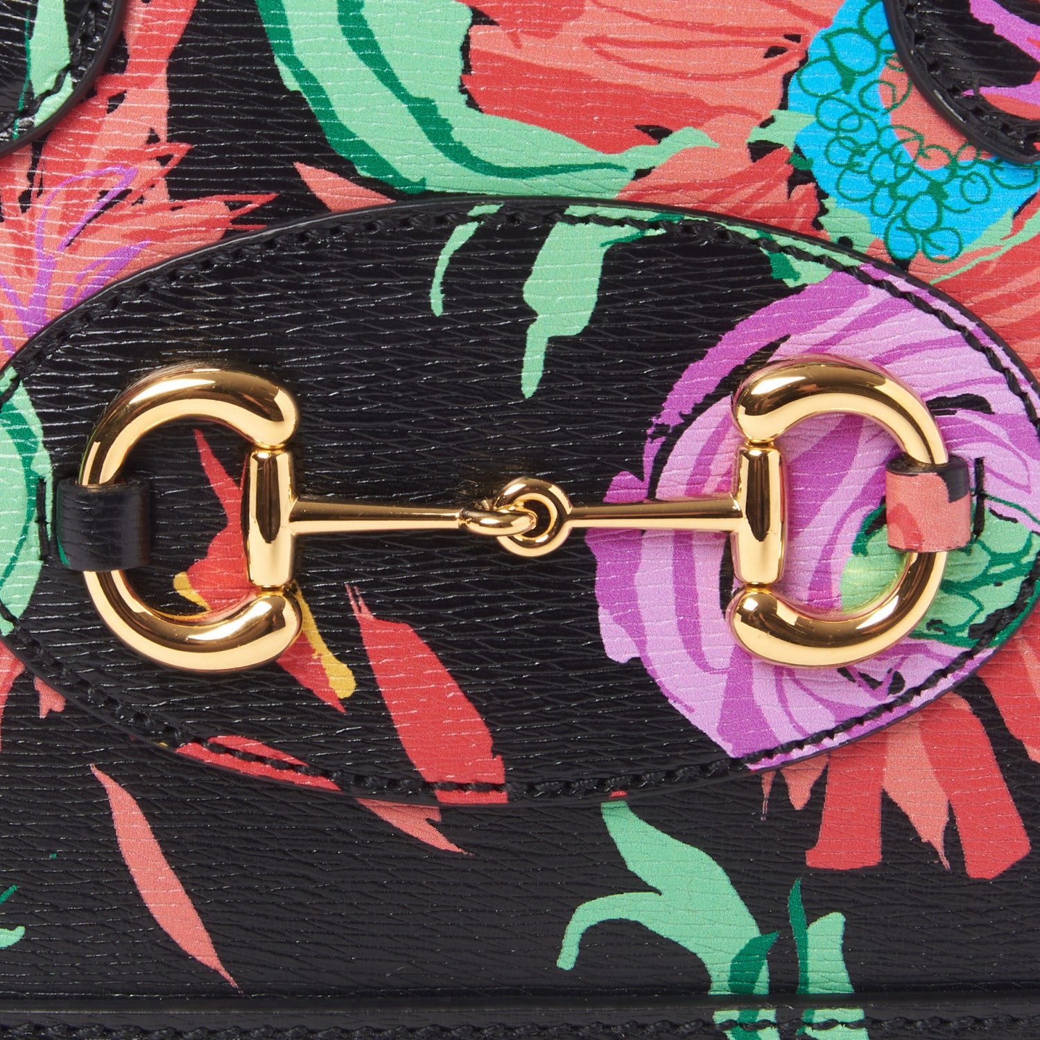 Gucci X KEN SCOTT New Shangai Calfskin Jenny Floral Print Mini Horsebit 1955 Top Handle Bag Black Pink 7 of 10