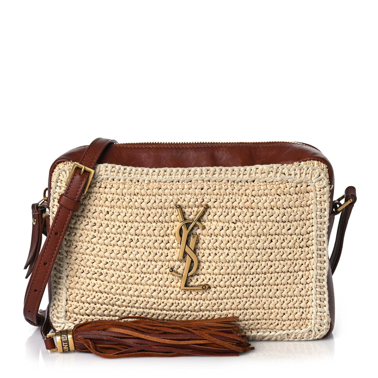 Saint Laurent Raffia Canvas Monogram Lou Camera Bag Beige Brown 1 of 17