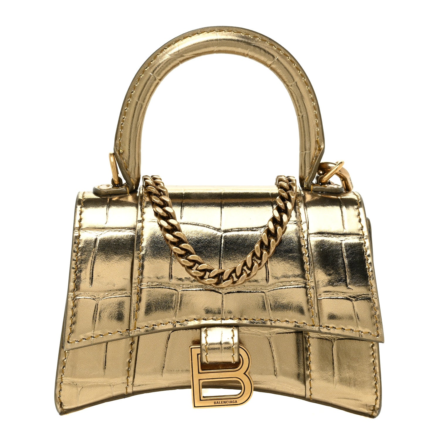 Balenciaga Metallic Calfskin Crocodile Embossed Hourglass Top Handle Bag Mini with Chain Gold 1 of 12