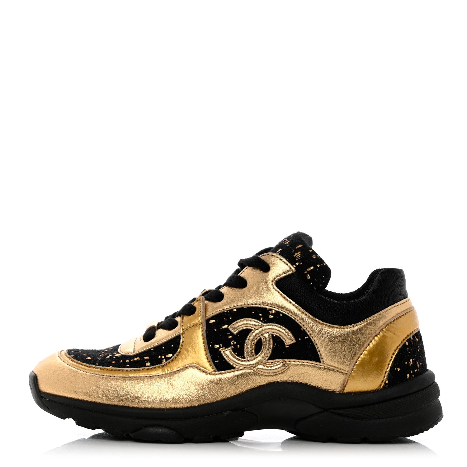 Chanel Satin Lambskin Fabric Tweed CC Sneakers 37 Gold Black 1 of 12