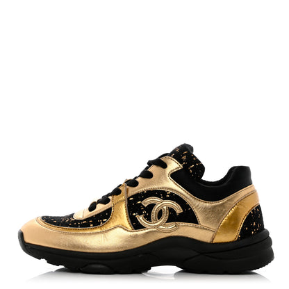 Chanel Satin Lambskin Fabric Tweed CC Sneakers 37 Gold Black 1 of 12