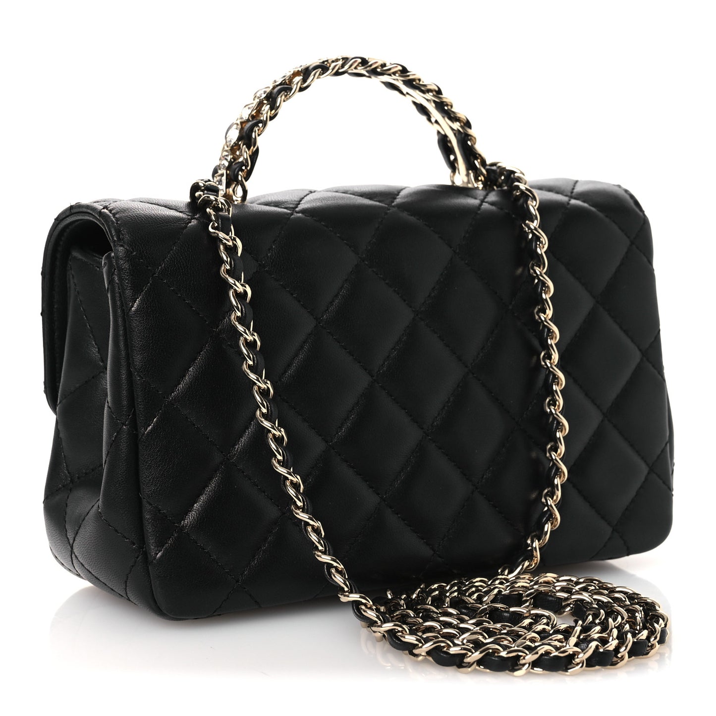Lambskin Quilted Mini Crystal Top Handle Rectangular Flap Black