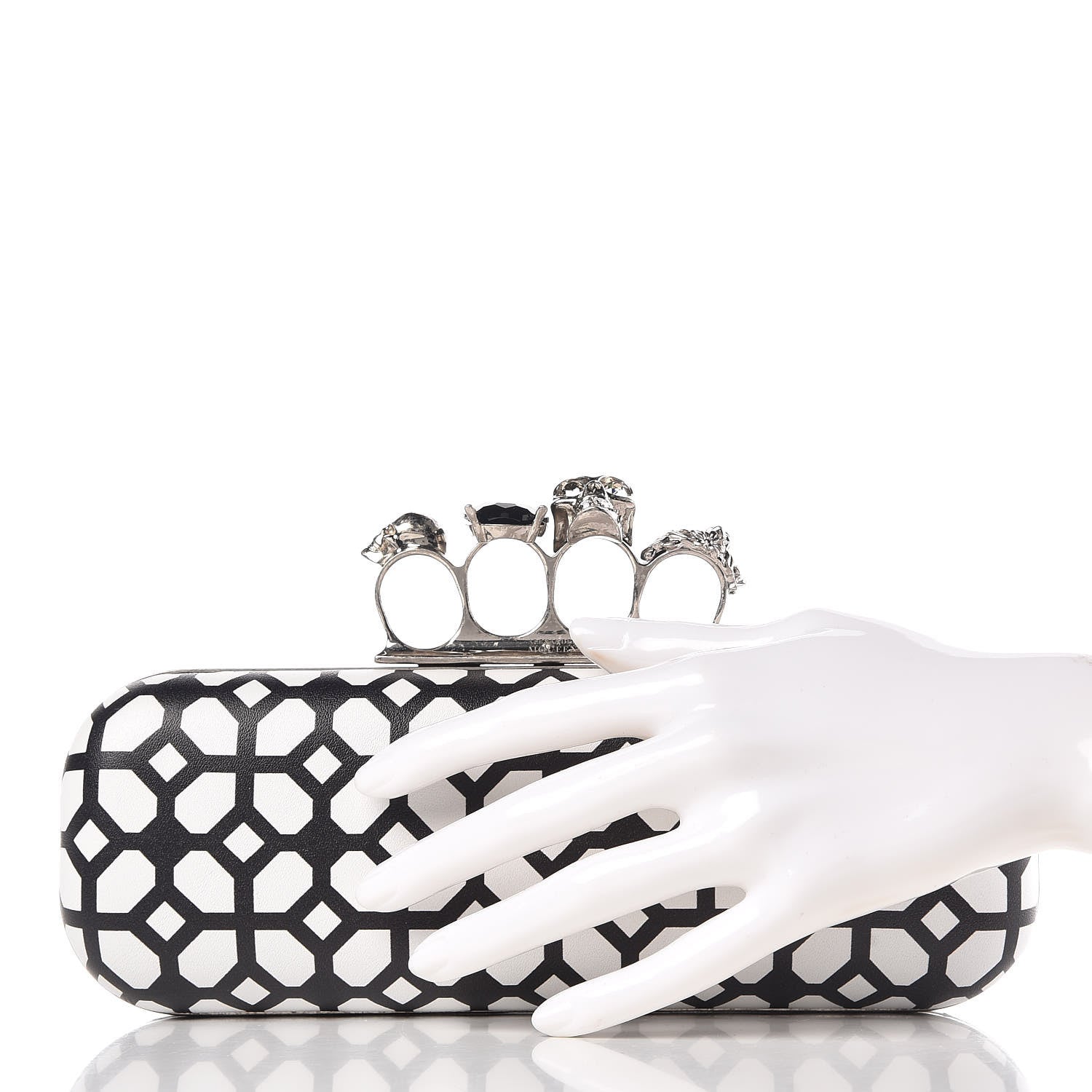 Alexander McQueen Calfskin Classic Grid Skull Knuckle Box Clutch Black White 2 of 11