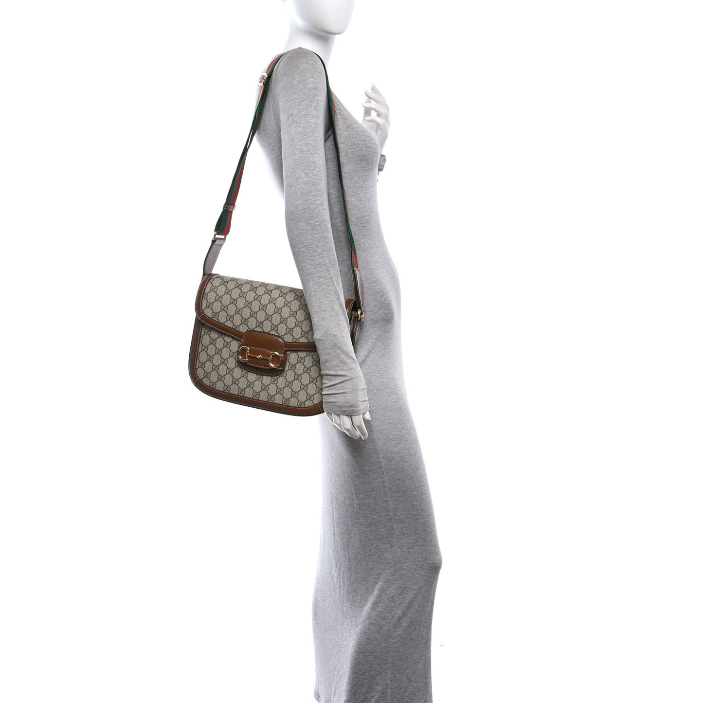 GG Supreme Monogram Azalea Calfskin Web Medium Horsebit 1955 Shoulder Bag Beige Ebony Brown Sugar