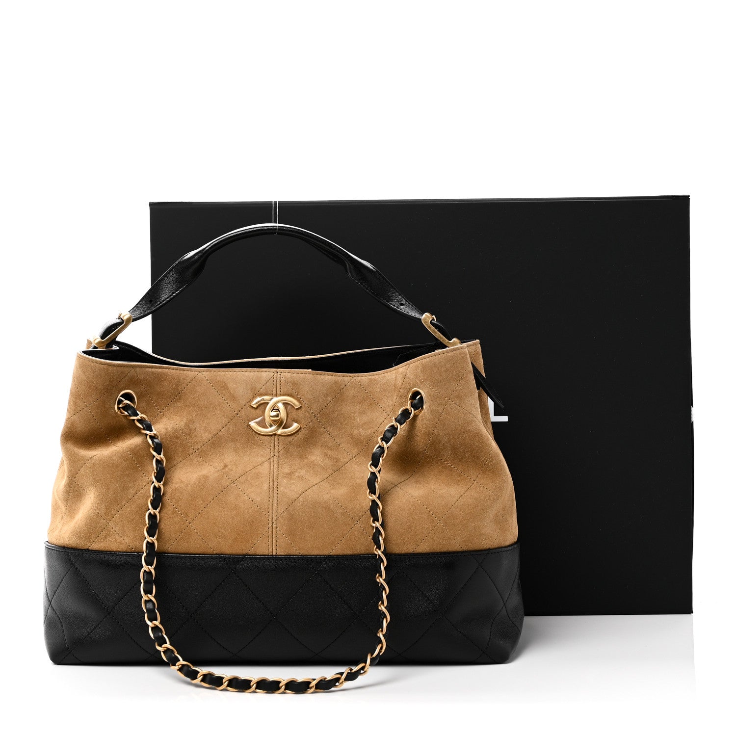 Chanel Suede Calfskin Shiny Lambskin Quilted Small Coco Base Shopping Bag Beige Black 11 of 11