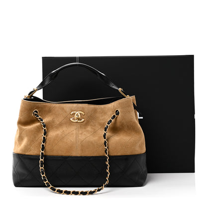 Chanel Suede Calfskin Shiny Lambskin Quilted Small Coco Base Shopping Bag Beige Black 11 of 11