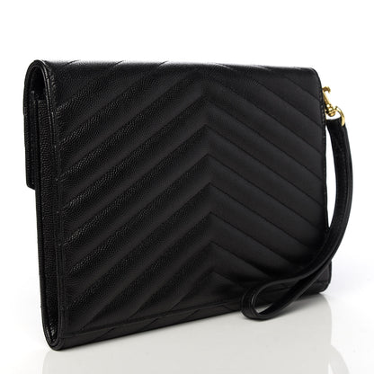 Saint Laurent Grain De Poudre Matelasse Chevron Monogram Envelope Clutch Black 3 of 8