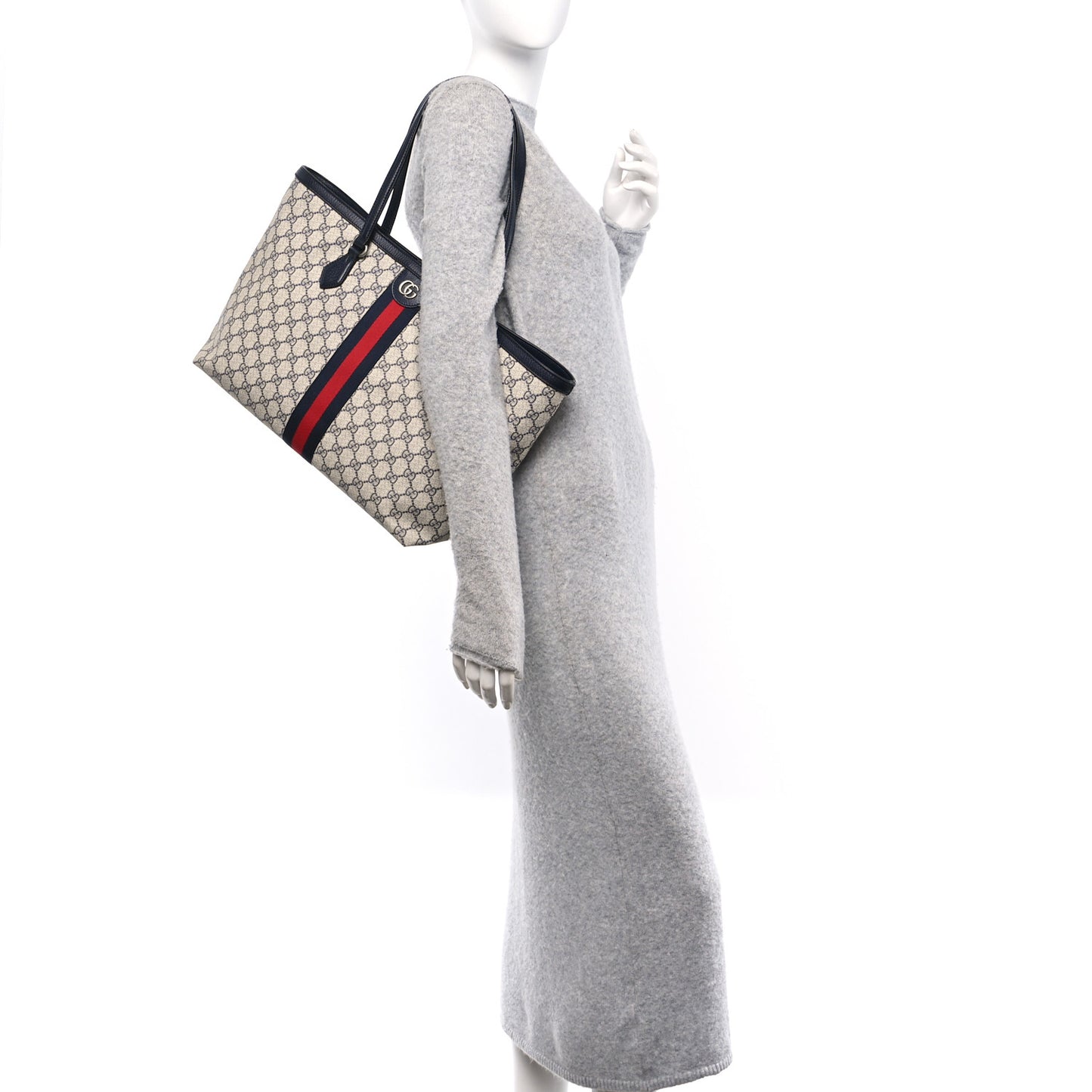 GG Supreme Monogram Textured Calfskin Web Medium Ophidia Shopping Tote Beige Blue