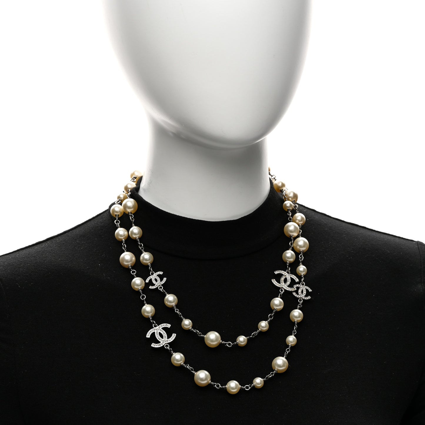 Crystal Pearl CC Long Necklace Silver