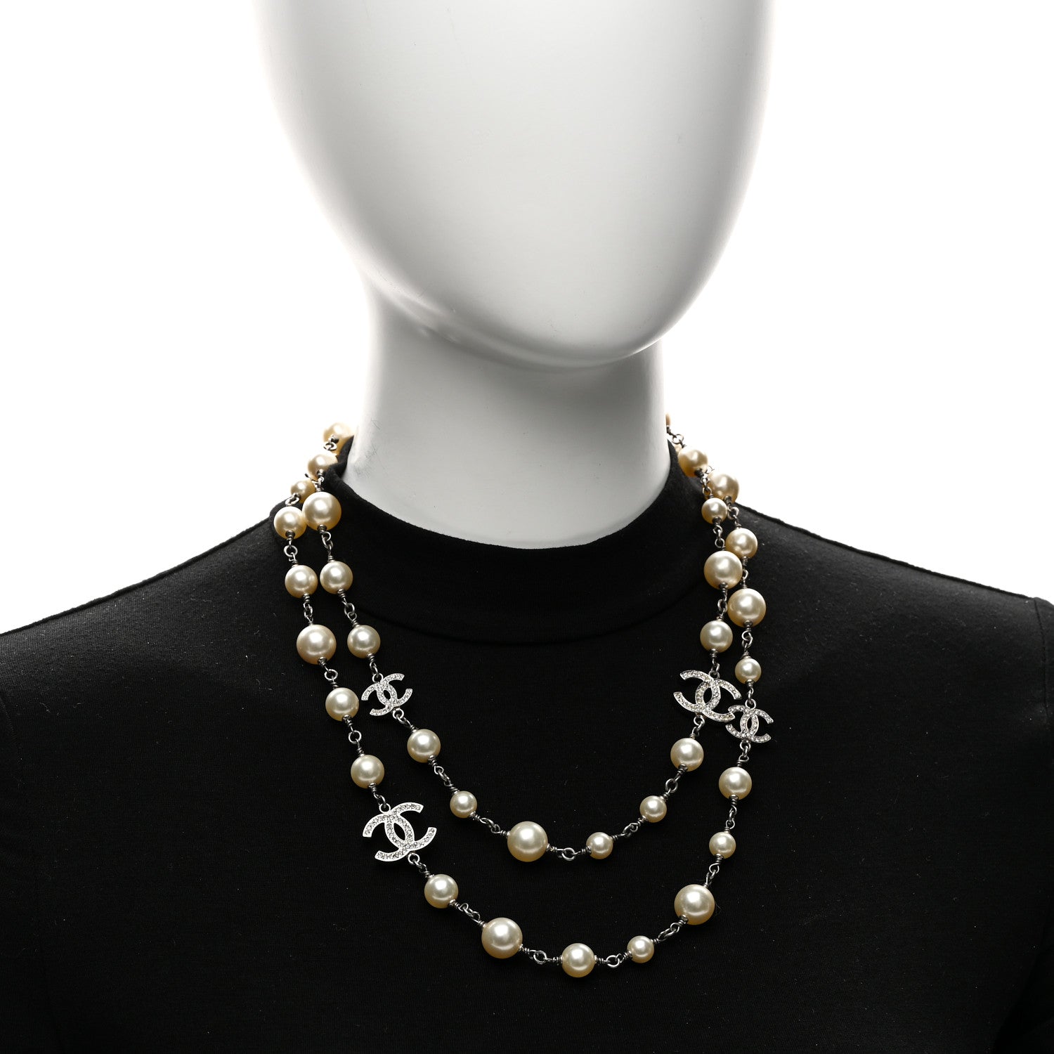Chanel Crystal Pearl CC Long Necklace Silver 2 of 5