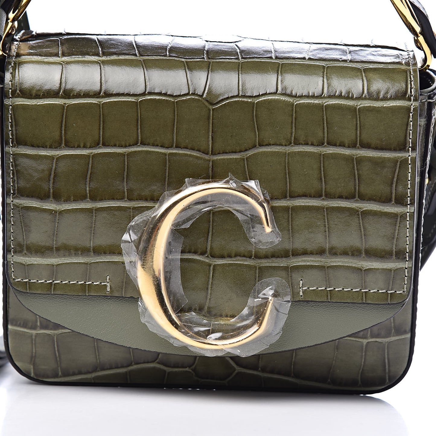 Calfskin Crocodile Embossed Mini C Double Carry Misty Forest