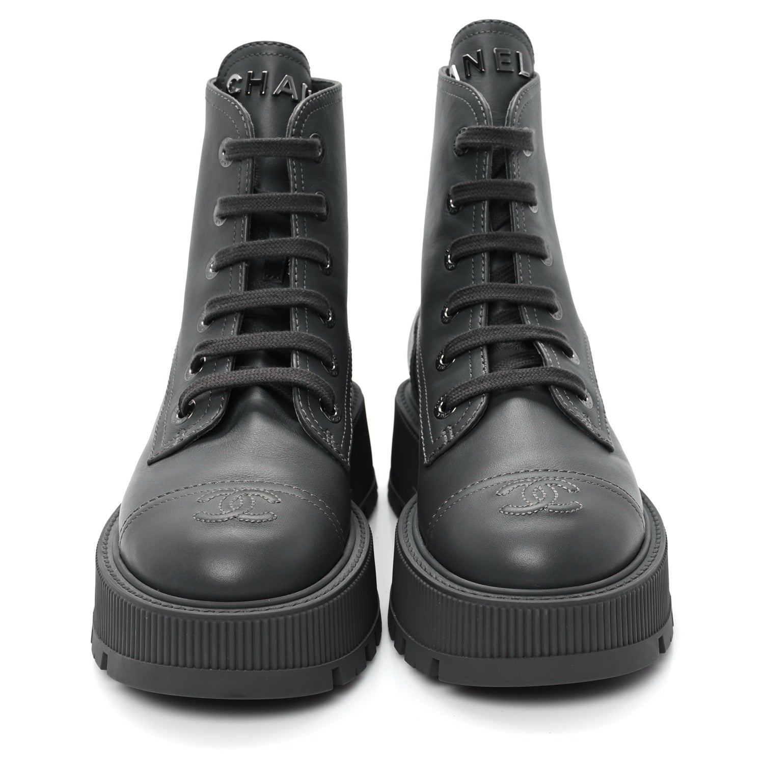 Chanel Calfskin CC Lace Up Combat Boots 36.5 Gray 3 of 12