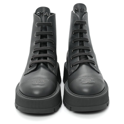Chanel Calfskin CC Lace Up Combat Boots 36.5 Gray 3 of 12