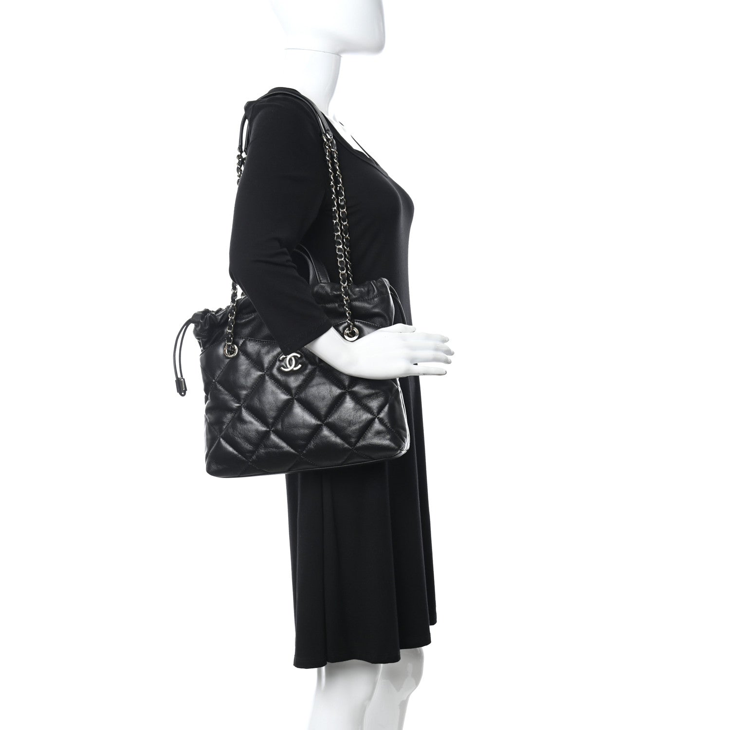 Chanel Lambskin Quilted Small Drawstring Shopping Bag Black 2 of 10