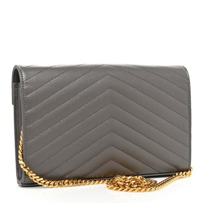 Saint Laurent Grain De Poudre Matelasse Chevron Monogram Chain Wallet Fog 3 of 10