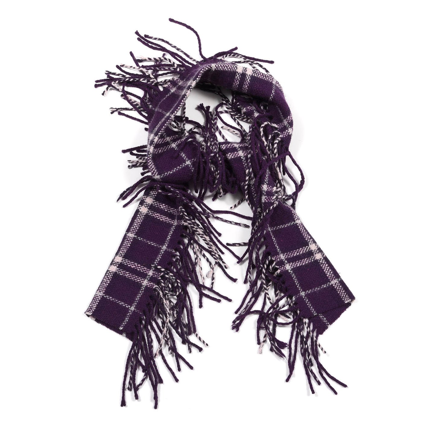 Merino Wool Angora Cashmere Check Happy Fringe Scarf Purple