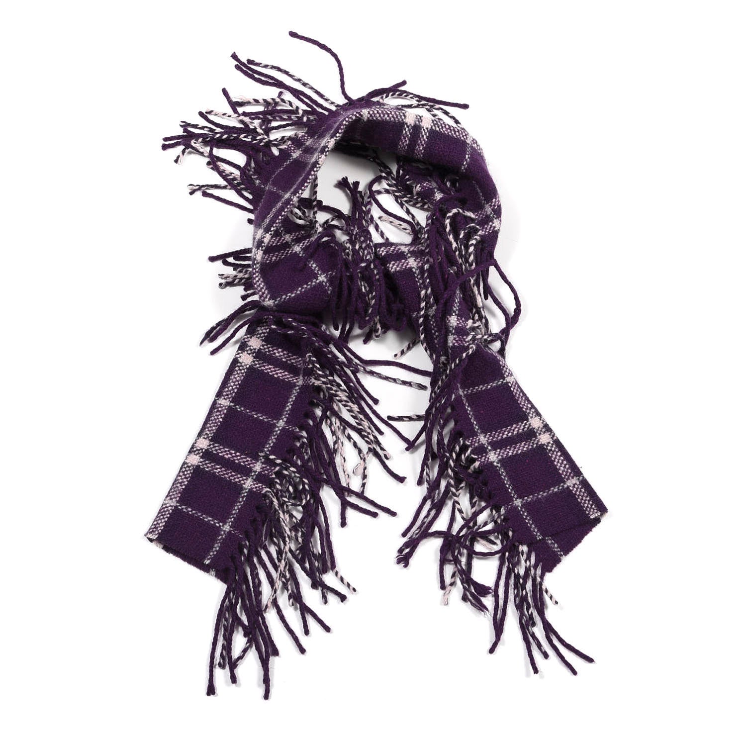 Burberry Merino Wool Angora Cashmere Check Happy Fringe Scarf Purple 1 of 3