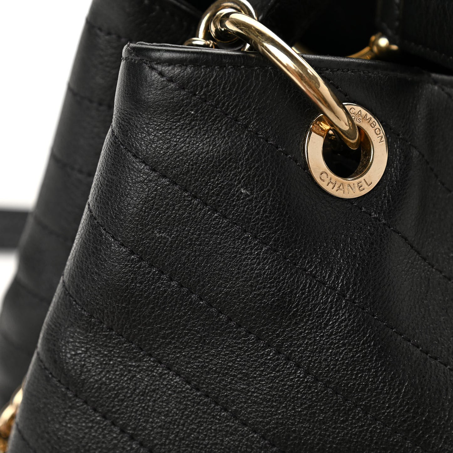 Calfskin Stitched Large Chevron Chic Shopping Bag Black