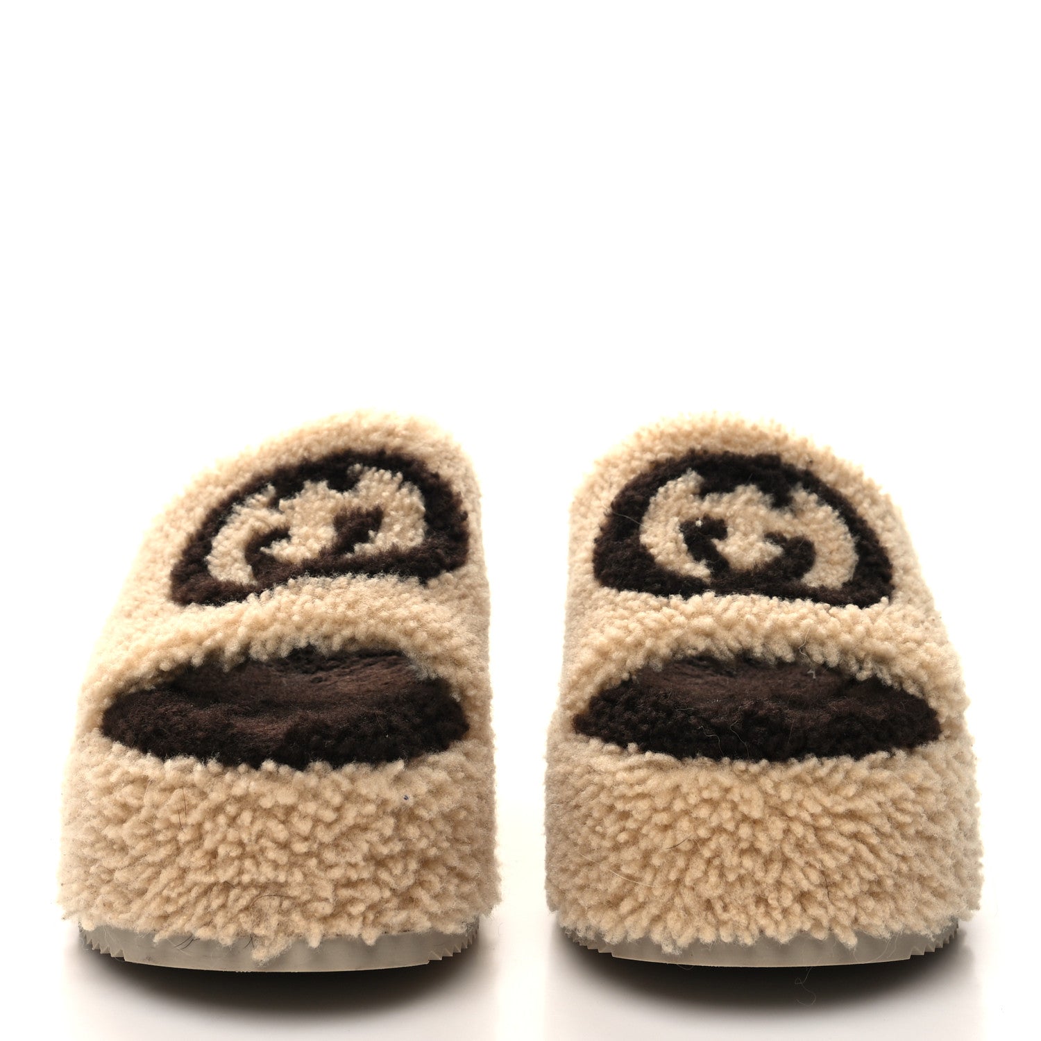 Gucci Shearling Interlocking G Womens Elea Platform Slide Wedge Sandals 38 Butterscotch Cocoa 2 of 8