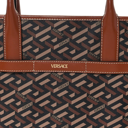 Versace Coated Canvas Calfskin La Greca Signature Tote Bag Black Caramel 7 of 10