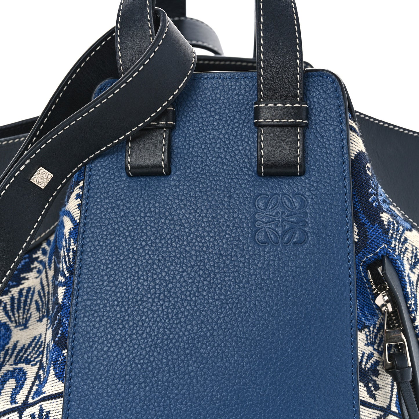 Calfskin Canvas Embroidered Small Hammock Shoulder Bag Blue