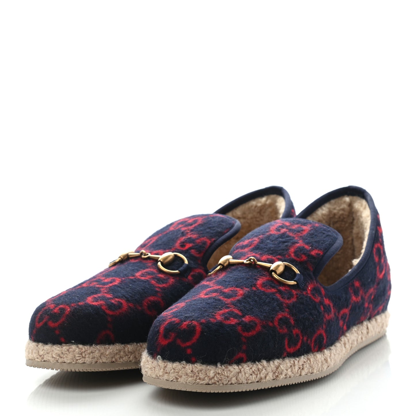 Covered Wool GG Monogram Mens Fria Horsebit Loafers 8 Blue Red Butterscotch