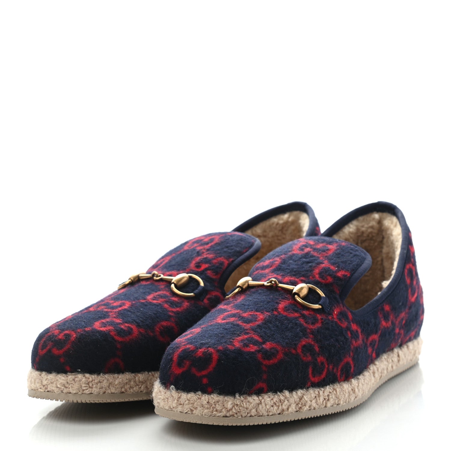 Gucci Covered Wool GG Monogram Mens Fria Horsebit Loafers 8 Blue Red Butterscotch 3 of 12