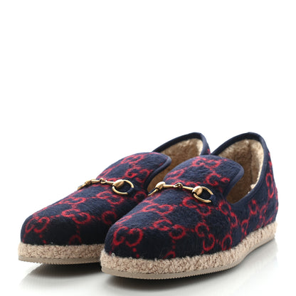 Gucci Covered Wool GG Monogram Mens Fria Horsebit Loafers 8 Blue Red Butterscotch 3 of 12