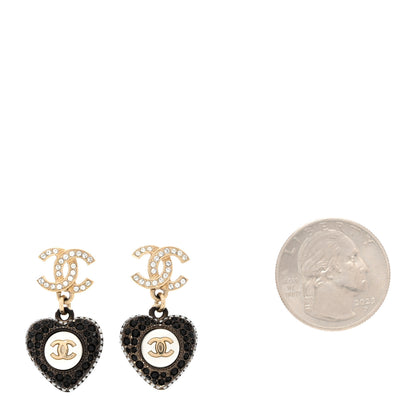 Chanel Pearl Crystal CC Heart Drop Earrings Gold Black White 2 of 4