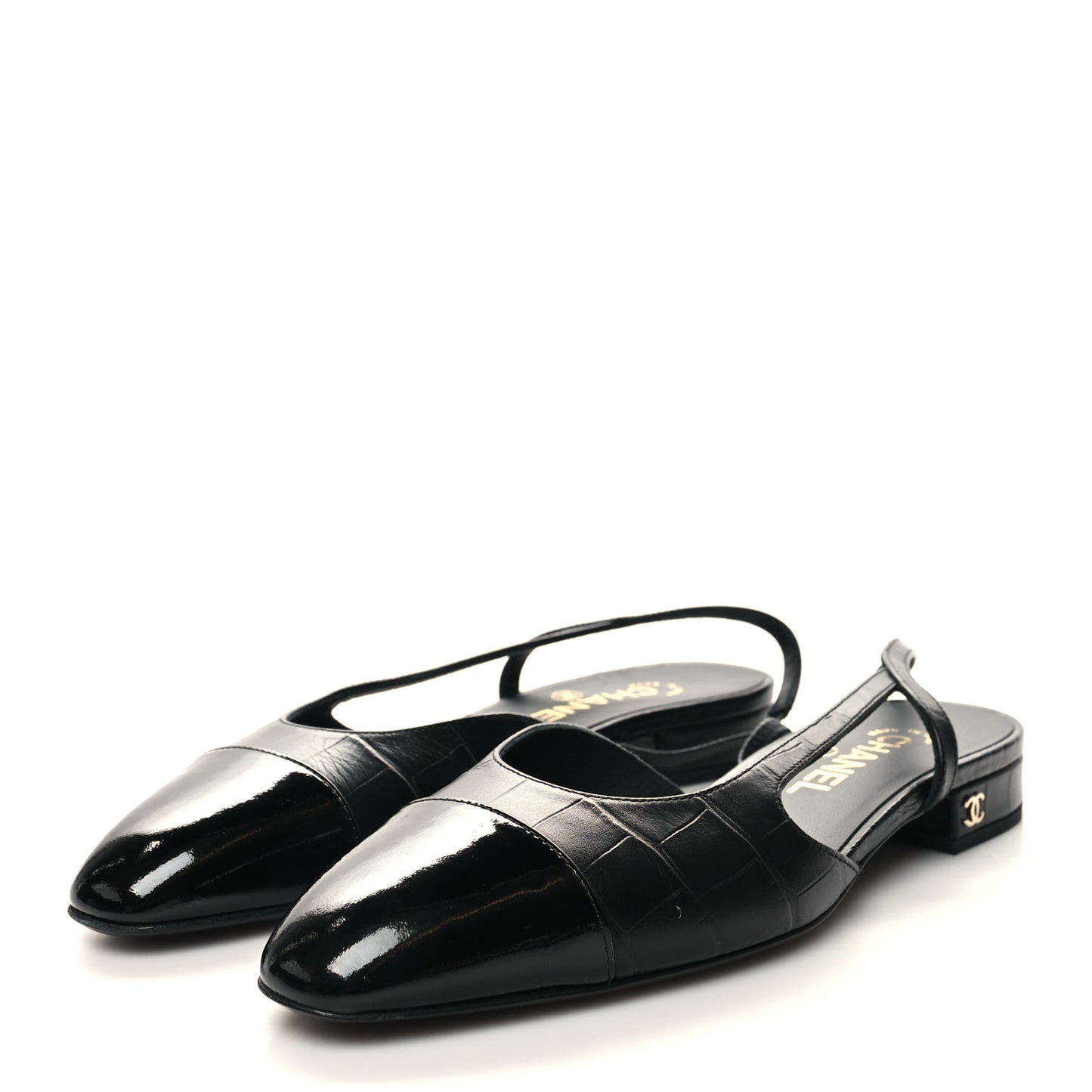 Calfskin Crocodile Embossed Patent Cap Toe CC Slingback Flats 38 Black