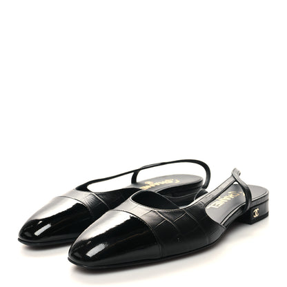 Chanel Calfskin Crocodile Embossed Patent Cap Toe CC Slingback Flats 38 Black 3 of 9