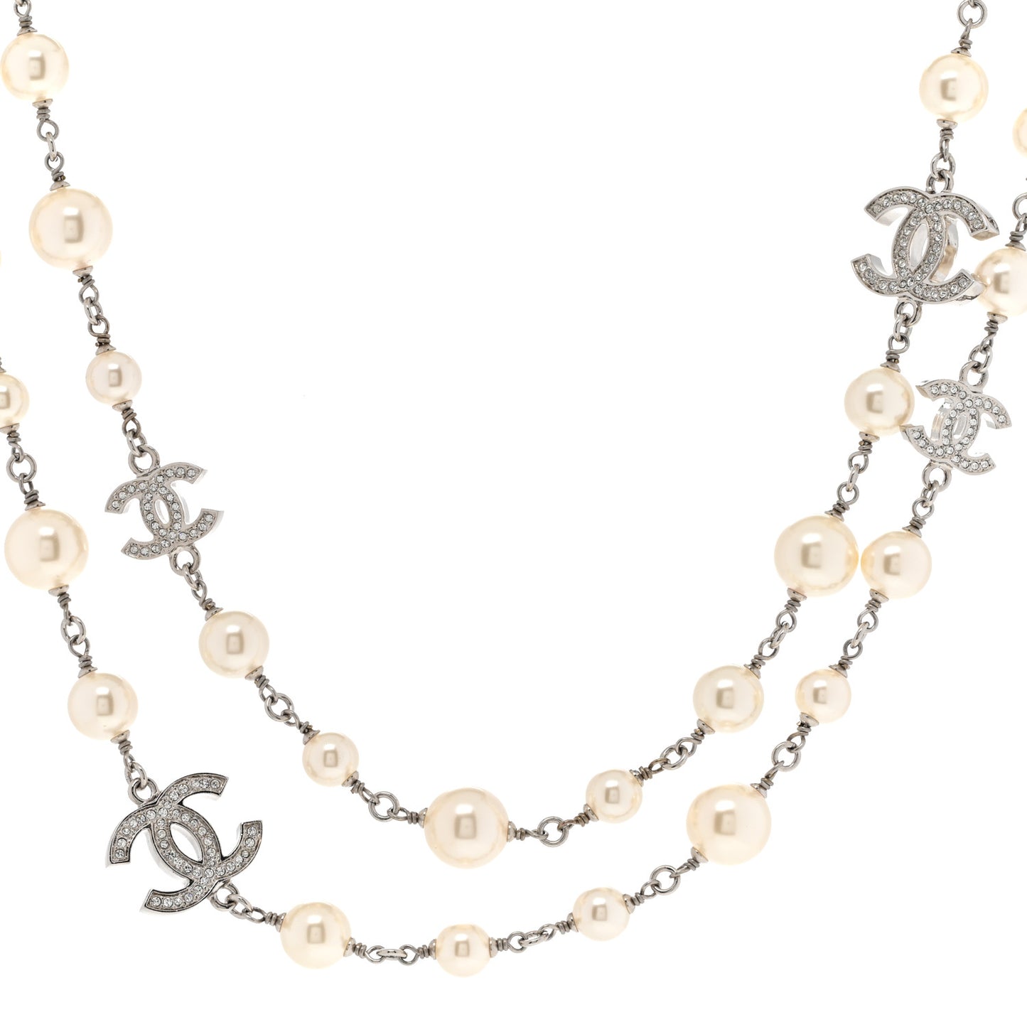 Crystal Pearl CC Long Necklace Silver