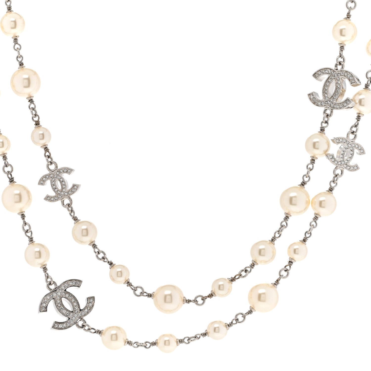 Chanel Crystal Pearl CC Long Necklace Silver 1 of 7