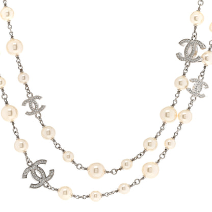 Chanel Crystal Pearl CC Long Necklace Silver 1 of 7