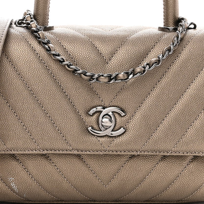 Chanel Metallic Caviar Chevron Quilted Mini Coco Handle Flap Light Gold 7 of 11