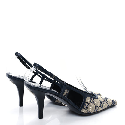 Gucci GG Monogram Malaga Kid Crystal Square G 75mm Slingback Pumps 37.5 Beige Blue 4 of 7