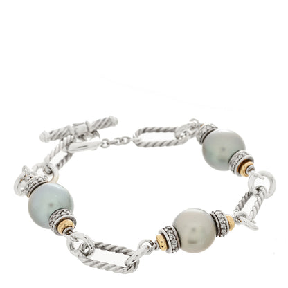 David Yurman Sterling Silver 18K Yellow Gold Diamond Tahitian Pearl 11.5mm Figaro Bracelet 1 of 3